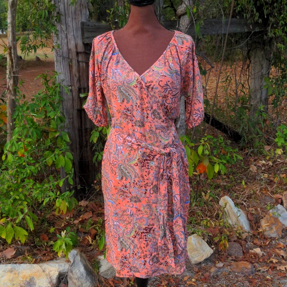 Goodthreads Paisley Print in Orange/Brown/Blue/Yellow Wrap Dress w/ V-Neck Snap